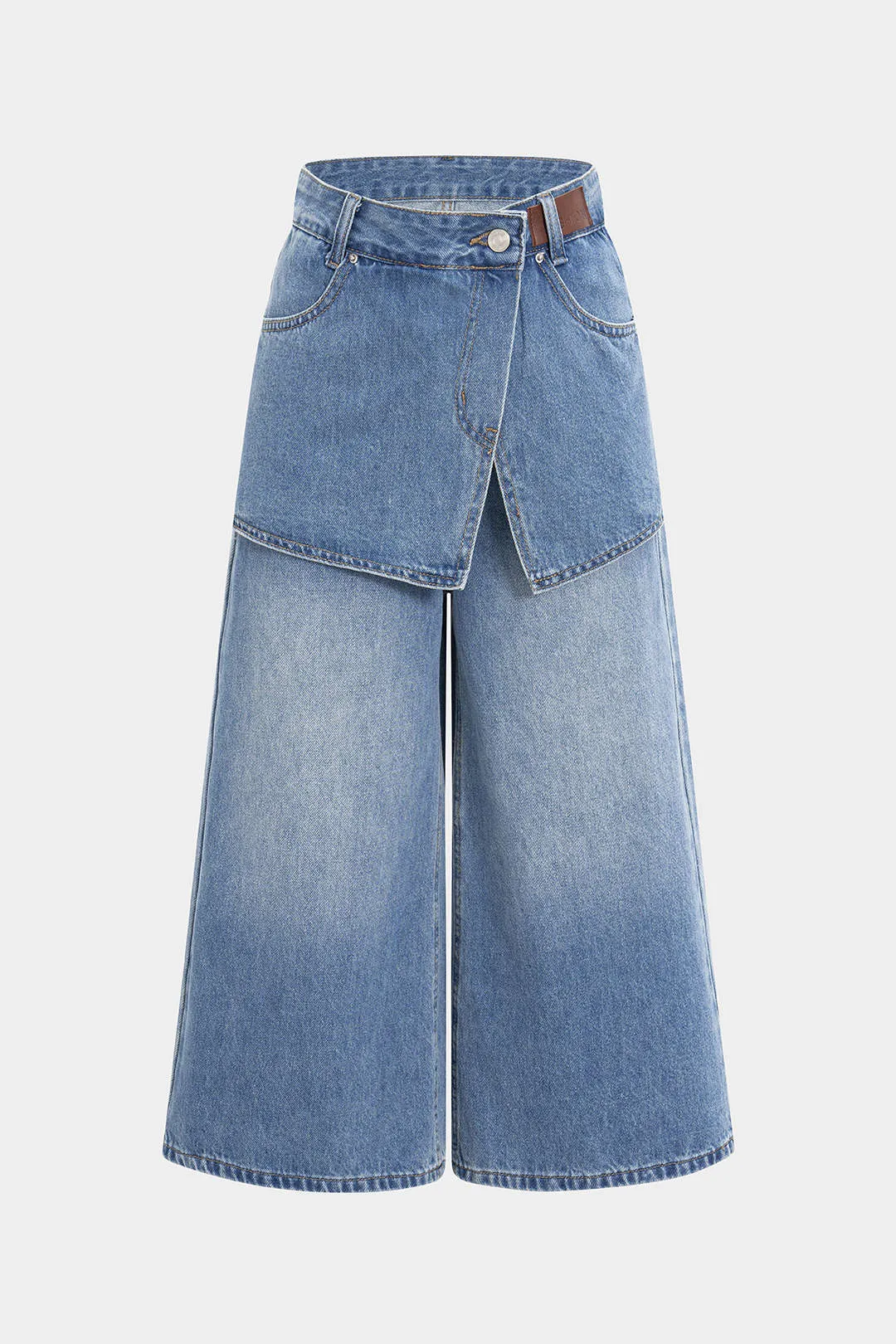 Denim Patchwork Asymmetrical Jorts sold by Micas