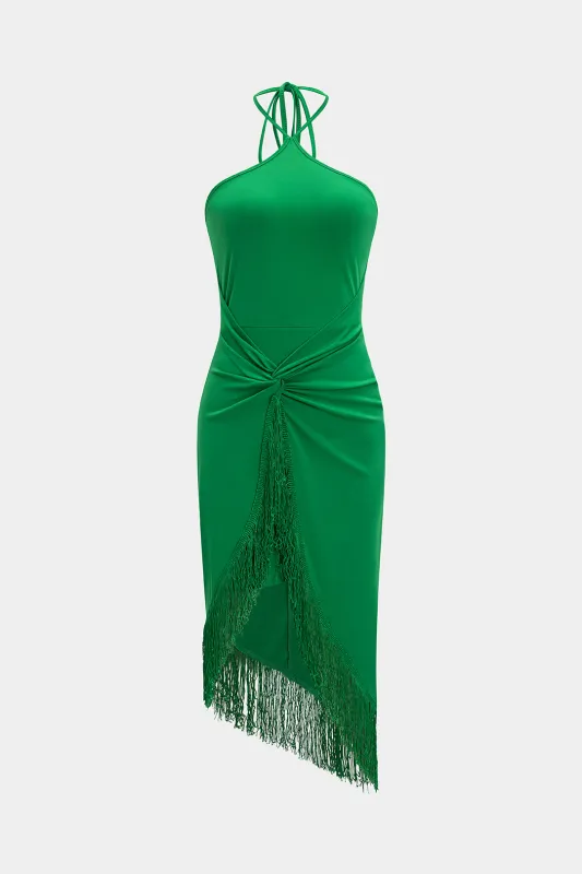 Asymmetrical Fringe Halter Neck Tie-Up Sleeveless Mini Dress sold by Micas