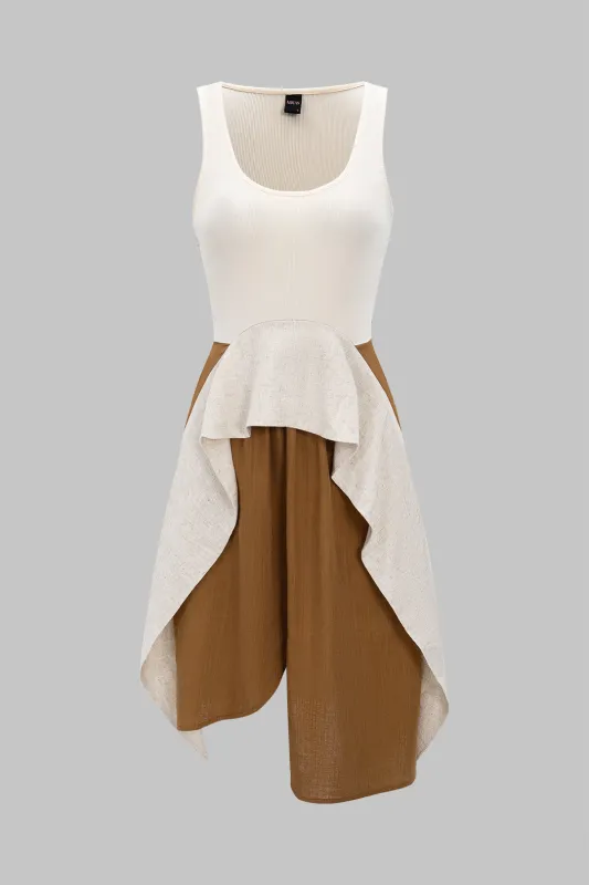 Linen Contrast Patchwork Asymmetrical Sleeveless Midi Dress sold by Micas