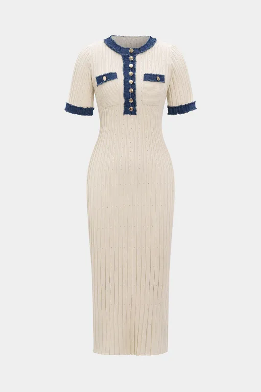 Denim Patchwork Metallic Button Short Sleeve Maxi Dress sold by Micas