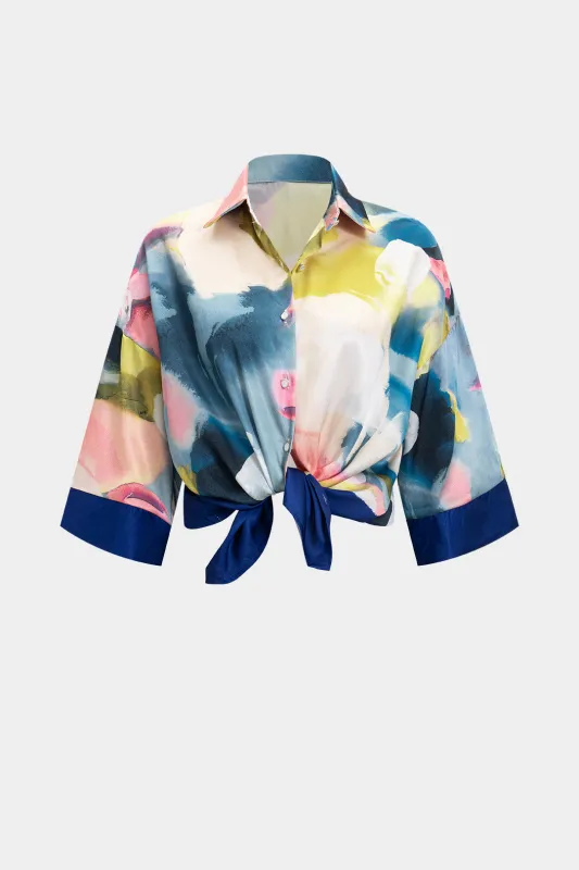 Abstrakt print satin knap patchwork kortærmet skjorte sold by Micas