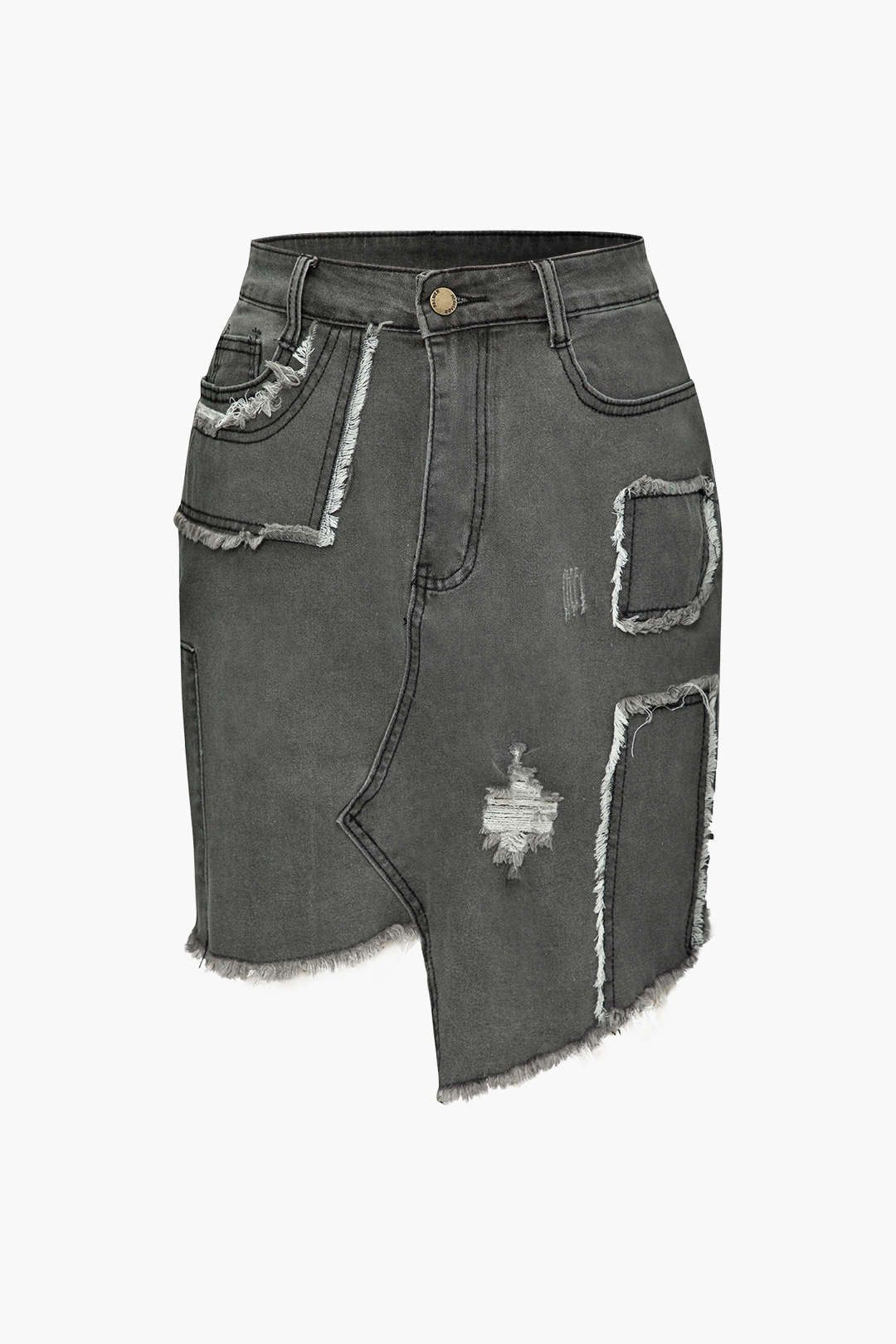 Asymmetric Frayed Trim Denim Mini Skirt sold by Micas