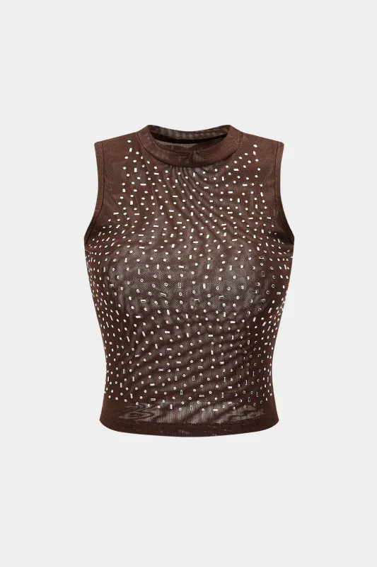 Mesh Rhinestone Sleeveless Tank Top sold by Micas