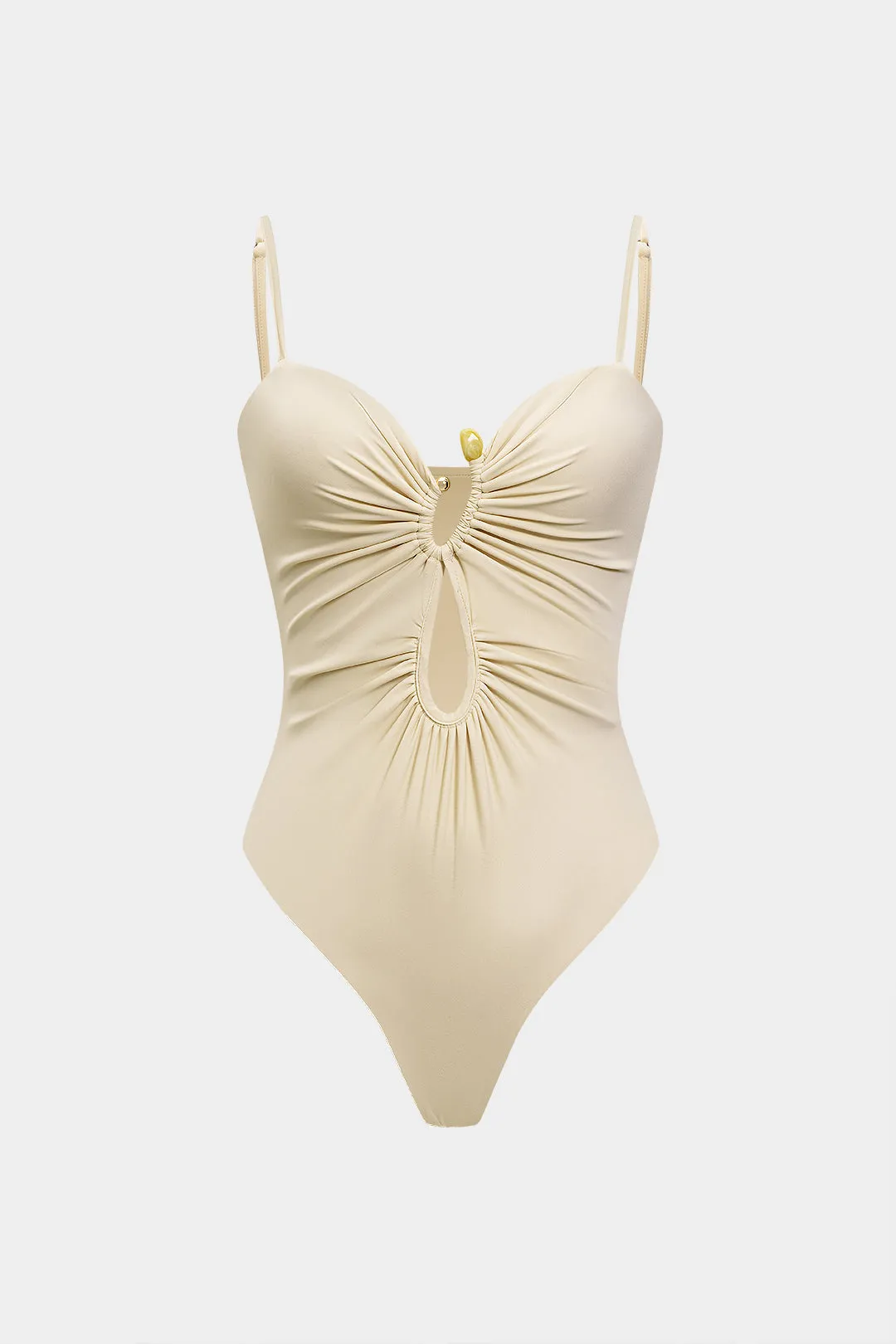 Metallic Decor Cut Out Ruched Sleeveless Bodysuit sold by Micas