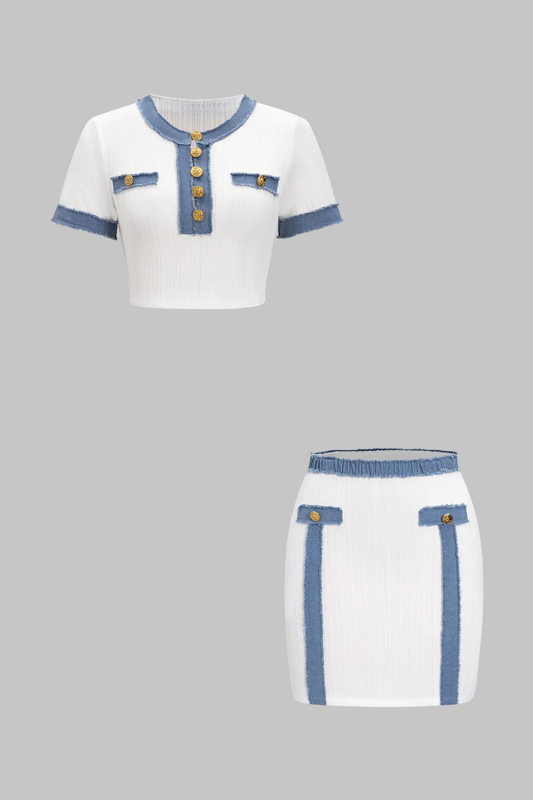 Patchwork Metallic Button Tank Top And Skirt Set sold by Micas