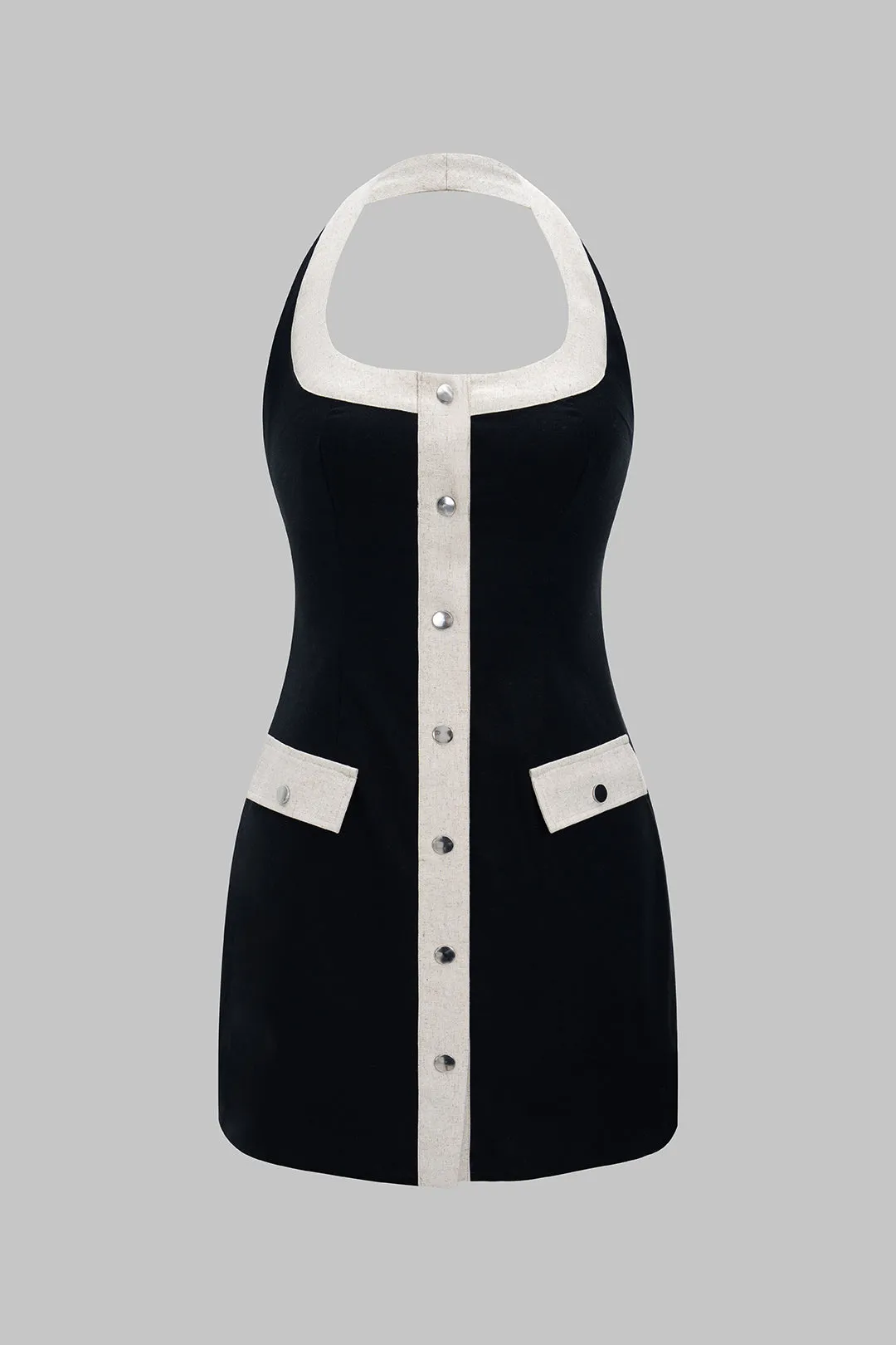 Linen Button Halter Neck Sleeveless Mini Dress sold by Micas