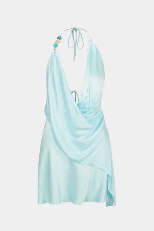 Satin Beaded Cowl Neck Tie-Up Asymmetrical Sleeveless Mini Dress sold by Micas