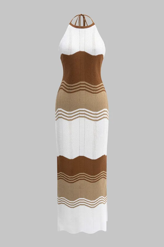 Knit Contrast Backless Sleeveless Halter Neck Slit Dress sold by Micas