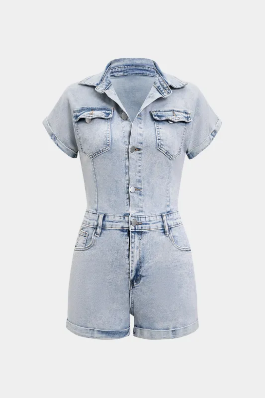 Denim Button Pocket Short Sleeve Romper sold by Micas