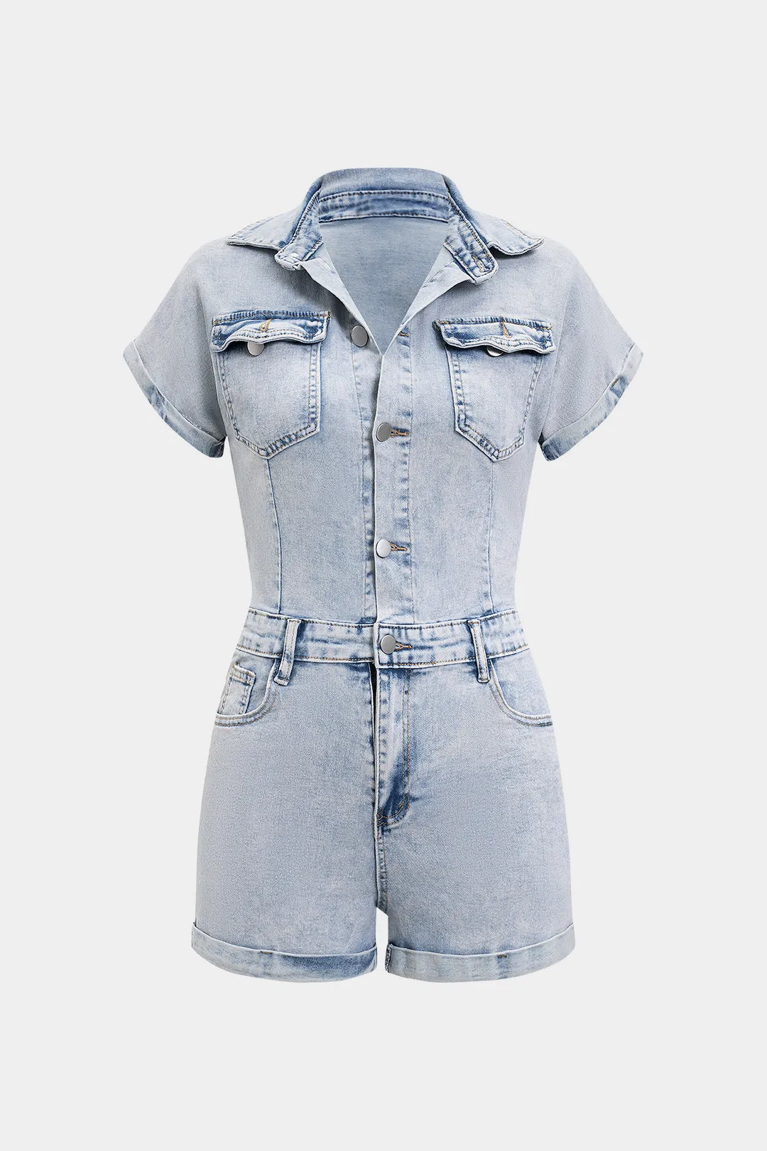 Denim Button Pocket Short Sleeve Romper sold by Micas