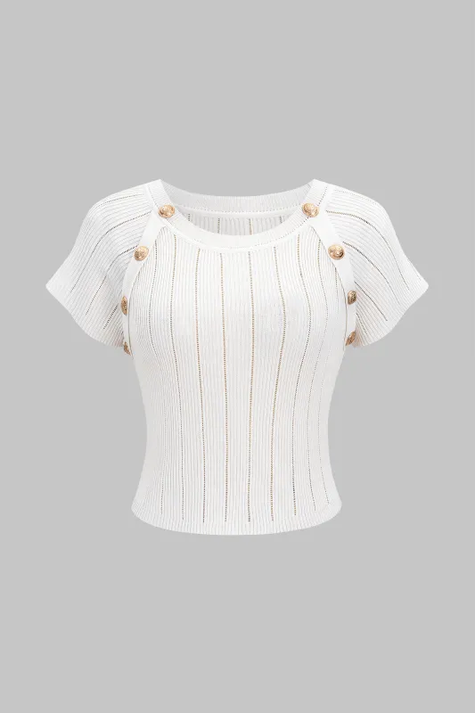 Knit Metallic Button Short-Sleeve Top sold by Micas