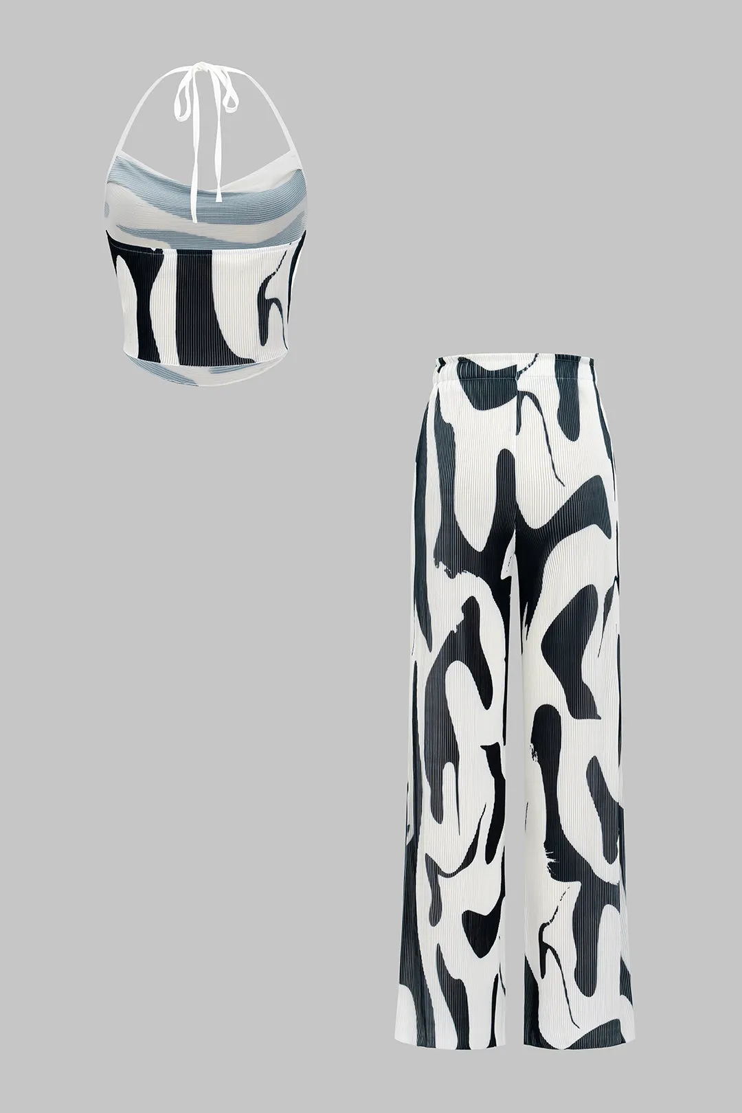 Kontrast Stripe Print Cowl Neck Halter tank top og brede benbukser sæt sold by Micas product image thumbnail 2