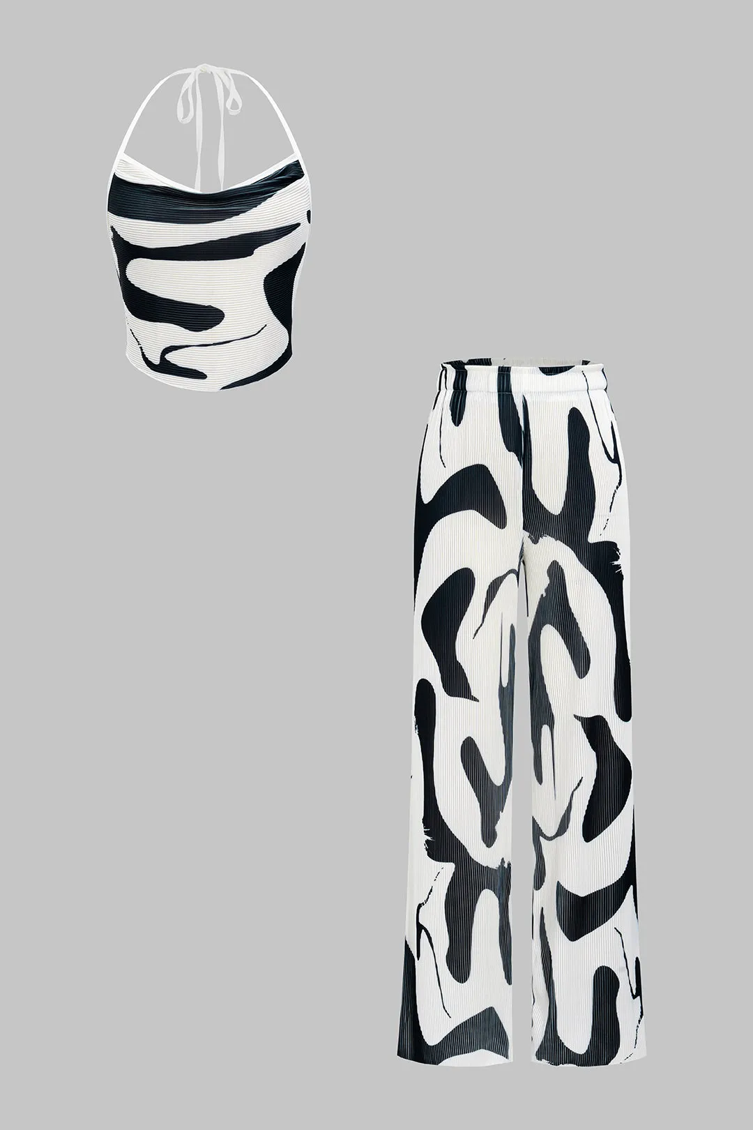 Kontrast Stripe Print Cowl Neck Halter tank top og brede benbukser sæt sold by Micas