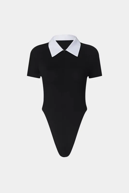 Patchwork Zipper Short Sleeve Bodysuit sold by Micas