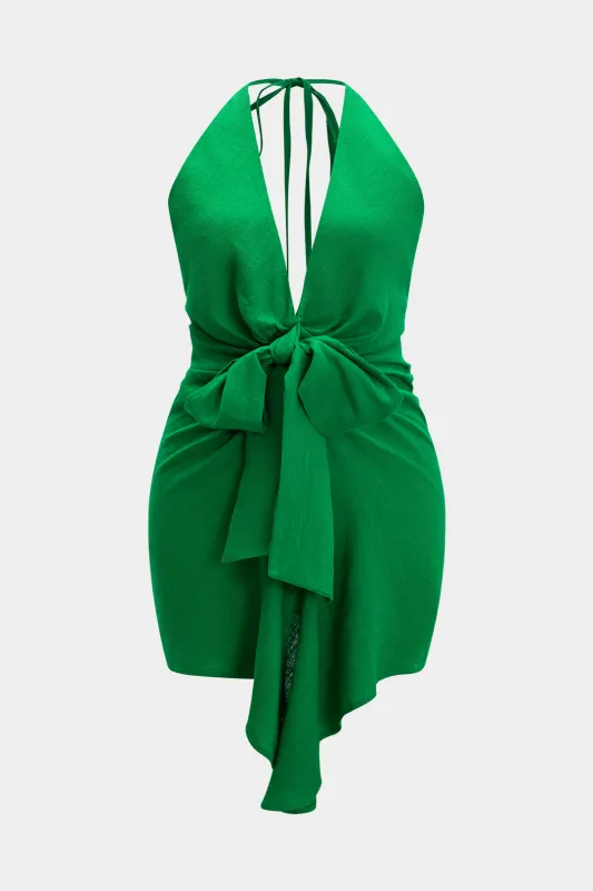 Plus størrelse linned bind front halter hals rygfri ærmeløs mini kjole sold by Micas