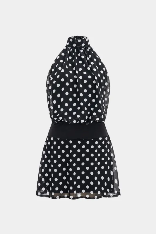 Polka Dots Print Chiffon Halter Neck Backless Sleeveless Mini Dress sold by Micas