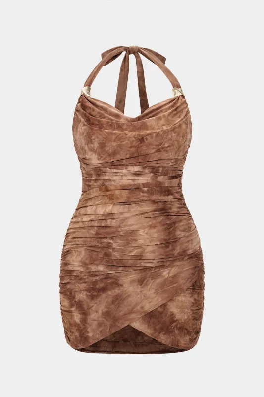 Plus størrelse slips farvestofprint halter hals ærmeløs mini kjole sold by Micas