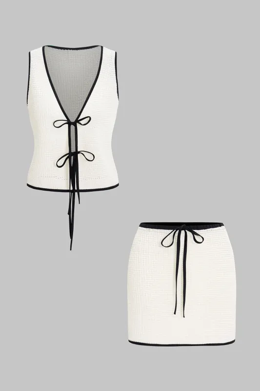 Contrast Binding V-Neck Tie-Up Tank Top And Skirt Set sold by Micas