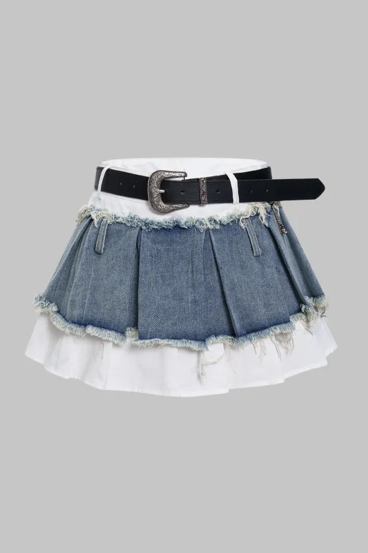 Denim patchwork flosset bæltet nederdel sold by Micas