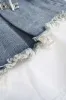 Denim patchwork flosset bæltet nederdel sold by Micas
