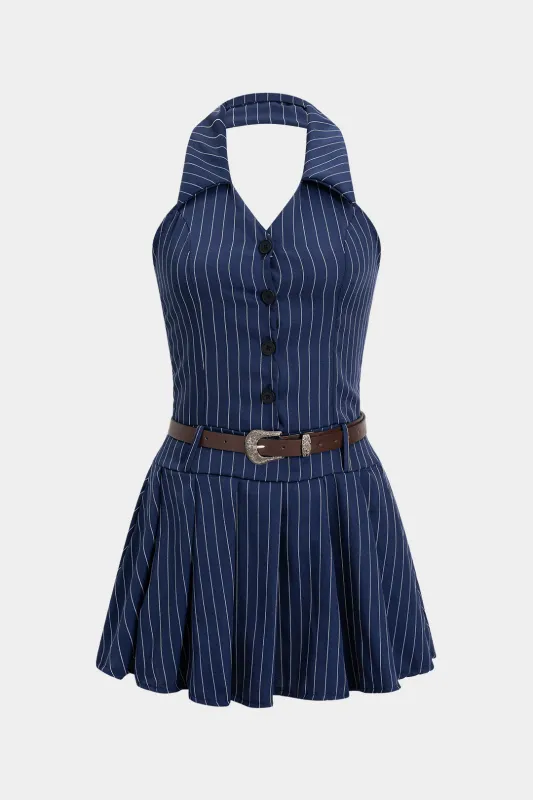 Stripes Print Halter Neck Nackless Sleeveless Belted Mini Dress sold by Micas