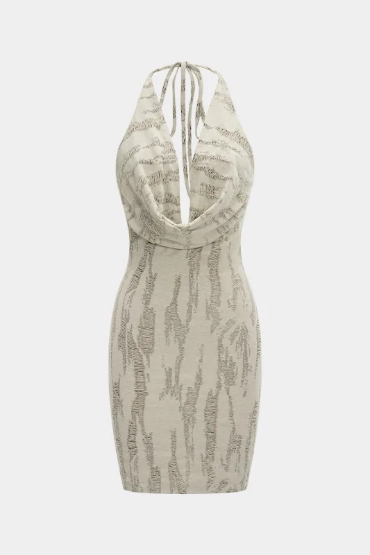 Linen Cowl Neck Halter Ripped Backless Sleeveless Mini Dress sold by Micas