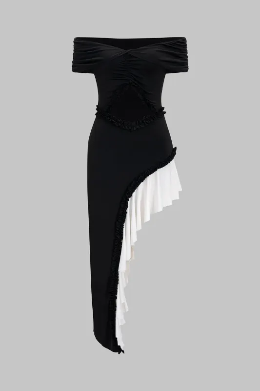 Kontrast asymmetrisk ruched off skulder maxi kjole sold by Micas