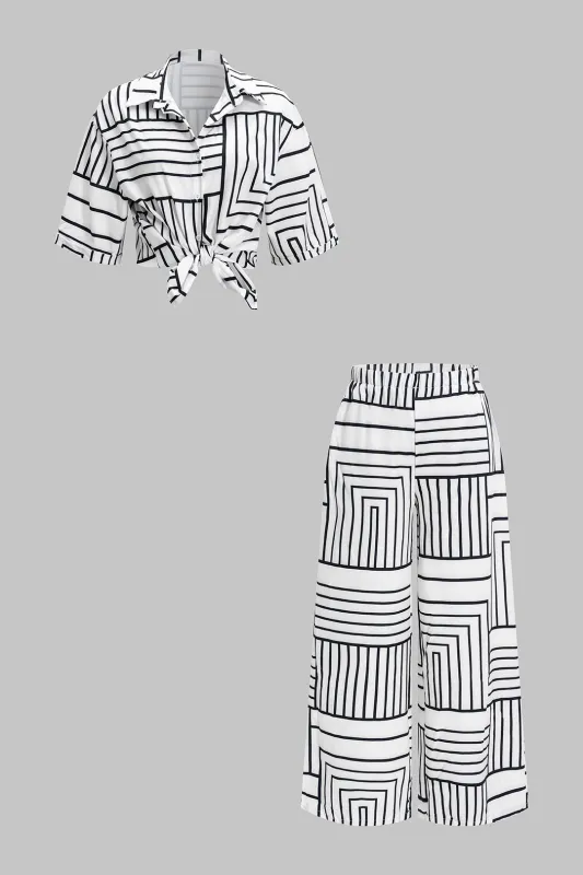 Contrast Stripes Print Chiffon Button Shirt And Trousers Set made by Micas