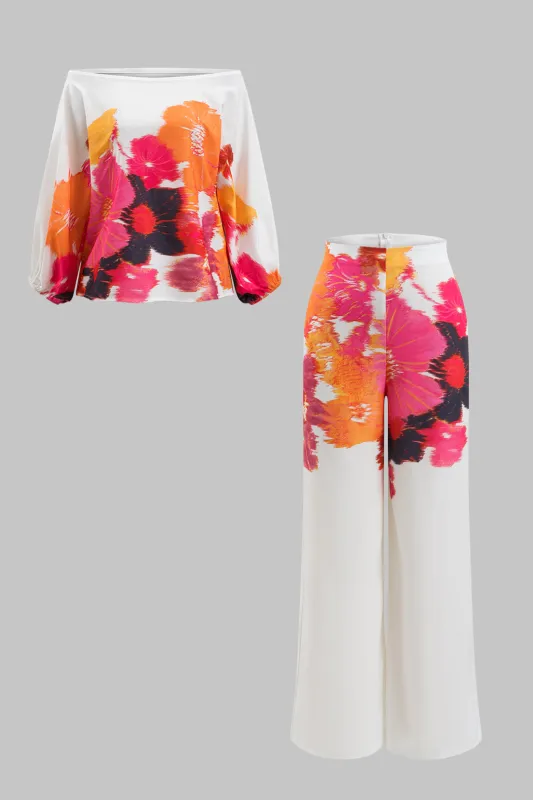 Blomsterprint off skulder Langærmet top og lynlås brede benbukser sæt sold by Micas