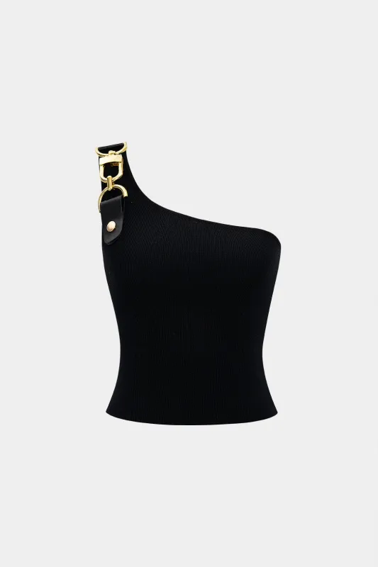 Strik metallisk asymmetrisk tank top sold by Micas
