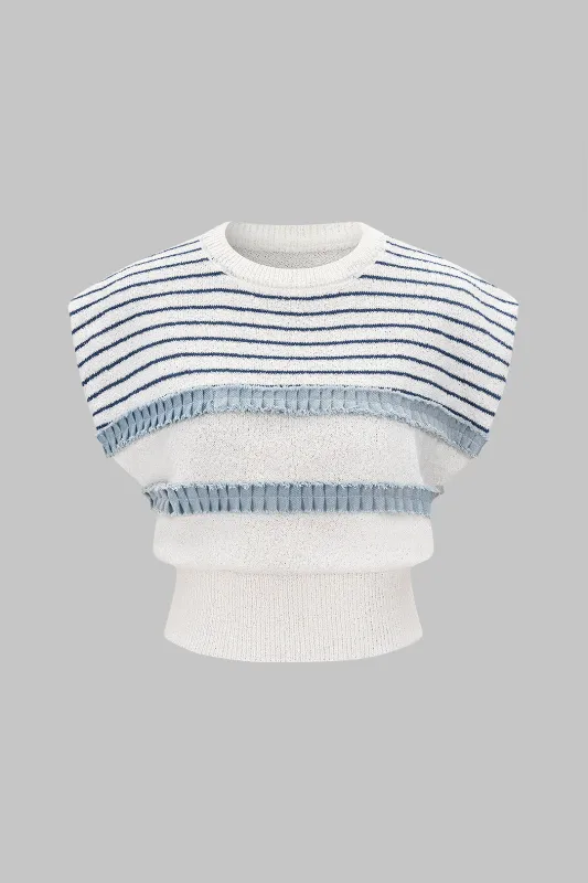 Stripes Print Knit Patchwork Short-Sleeve Top sold by Micas