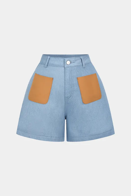 Denim Faux Leather Patchwork Pocket Shorts sold by Micas