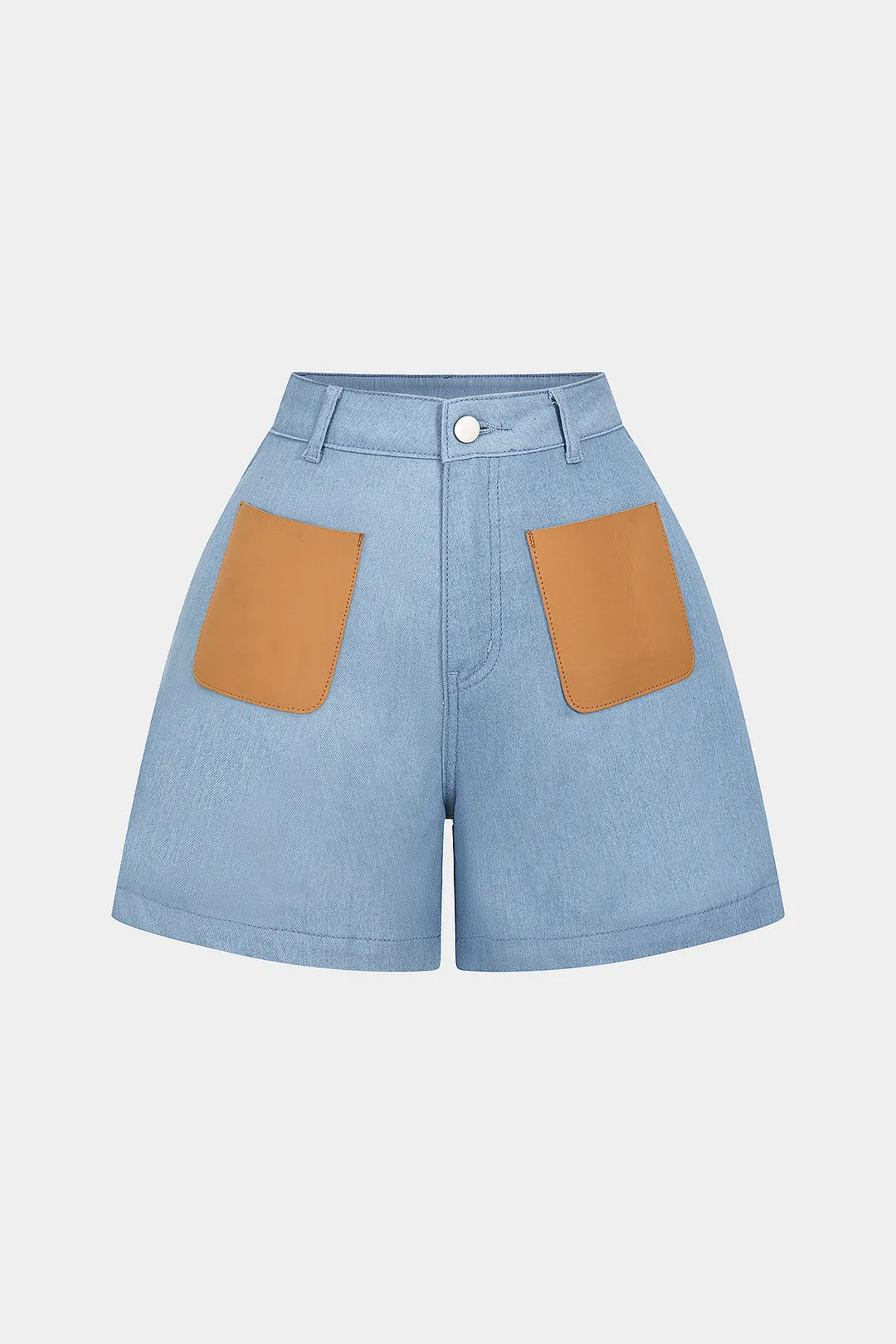 Denim Faux Leather Patchwork Pocket Shorts sold by Micas