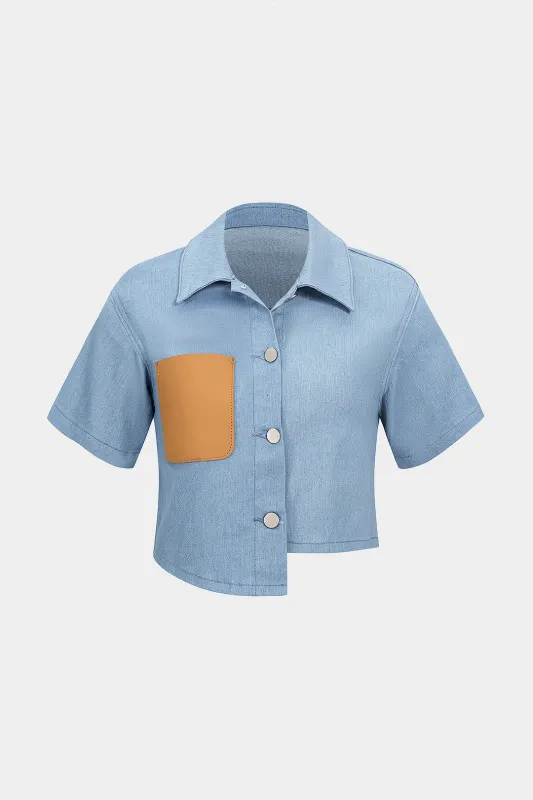 Denim Faux Leather Patchwork Pocket Asymmetrical Short Sleeve Shirt sold by Micas
