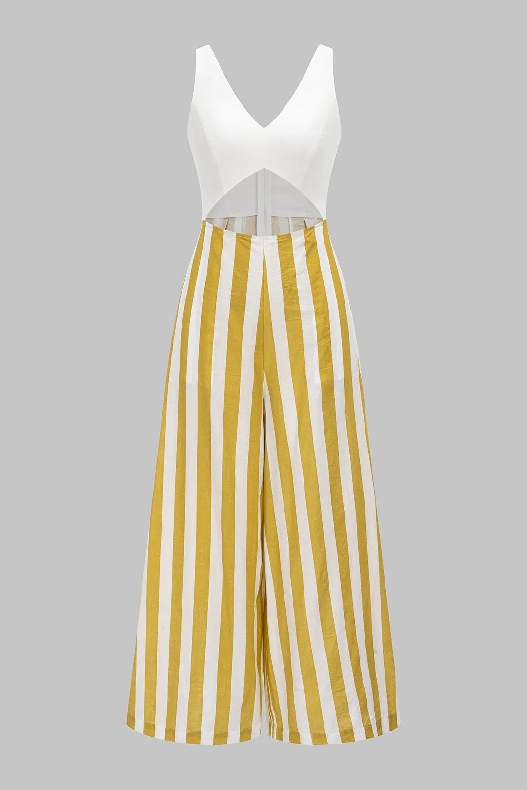 Stripes Print Linen Zipper Tie-Up Sleeveless Jumpsuit sold by Micas