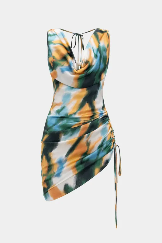 Abstract Print Satin Drawstring Draped Cowl Neck Sendeless Mini Dress sold by Micas