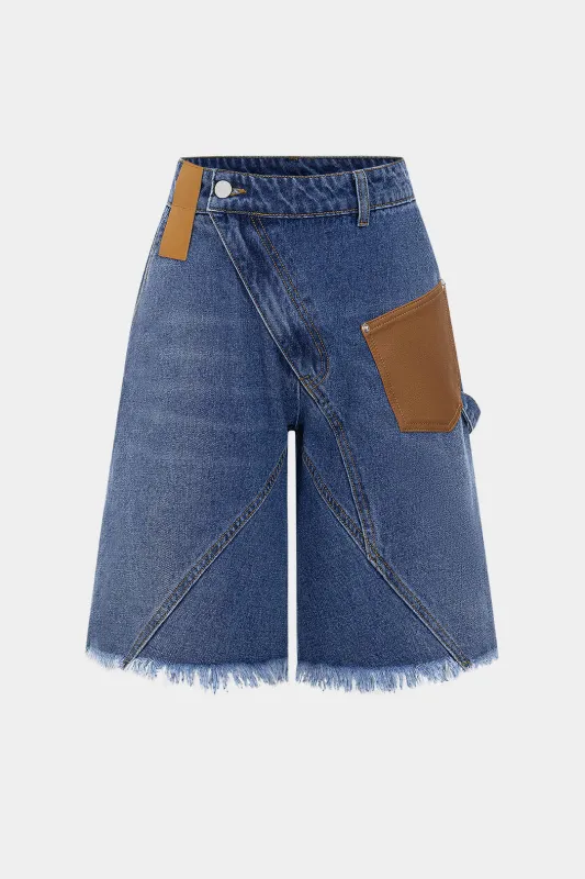 Faux Leather Pocket Stitching Detail Denim Shorts sold by Micas