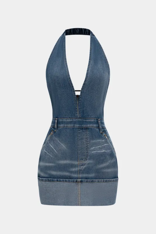 Denim rygfri vasket lynlås halter mini kjole sold by Micas
