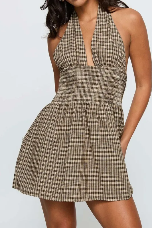 Plaid Print Halter Neck Backless Tie Back V-Neck Sleeveless Mini Dress sold by Micas