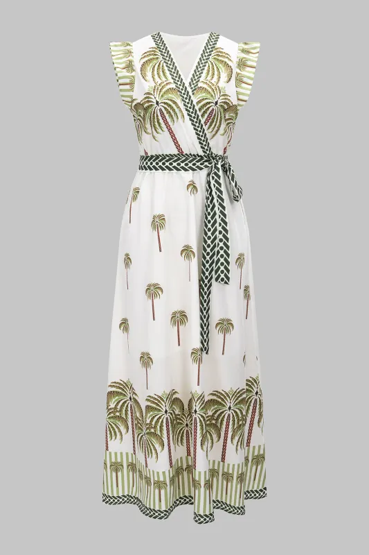 Coconut Palm Branches forlader print V-hals kortærmet maxi kjole sold by Micas