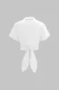 Linen Tie-Up V-Neck Ruched Short-Sleeve Shirt sold by Micas
