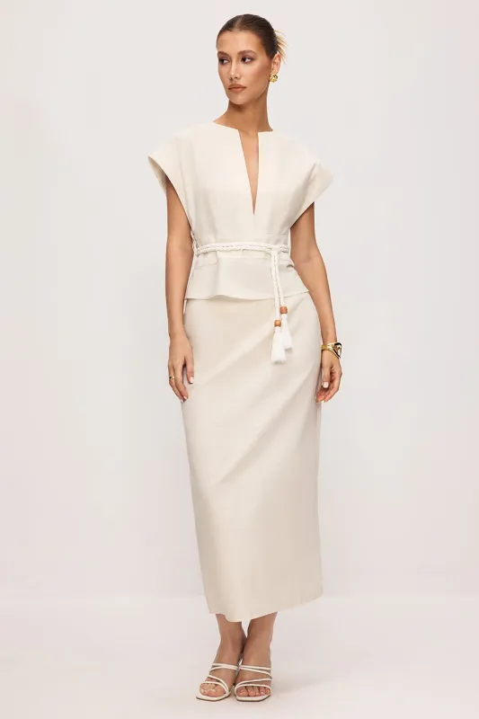 Linen Beaded Tie-Up Top And Skirt Set sold by Micas