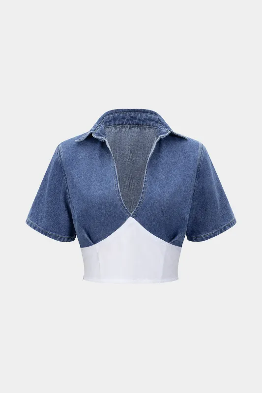 Denim Patchwork Short Sleeve Shirt sold by Micas