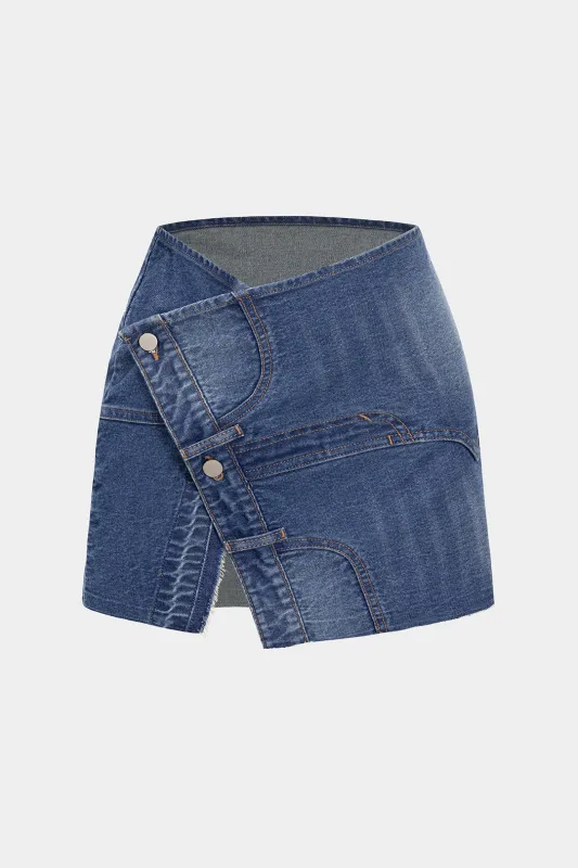 Washed Asymmetrical Button Denim Skirt sold by Micas