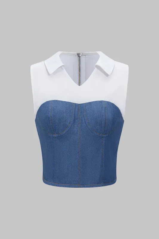 Patchwork Denim Metallic Crop Top sold by Micas