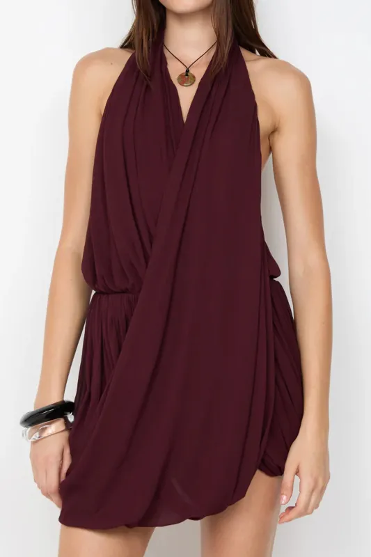 Chiffon Sleeveless Ruched Zipper Halter Neck Mini Dress sold by Micas