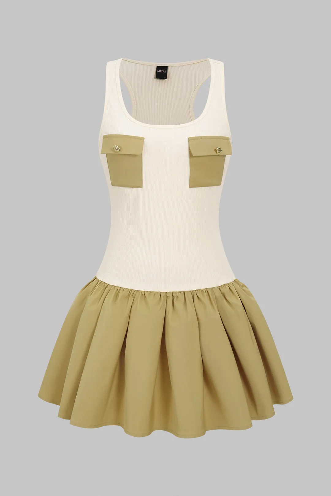 Patchwork Ruched Pocket Sleeveless Mini Dress sold by Micas