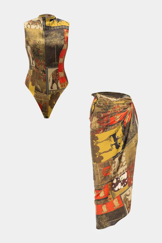 Abstract Floral Print Zipper Tie-Up Skirt Set sold by Micas