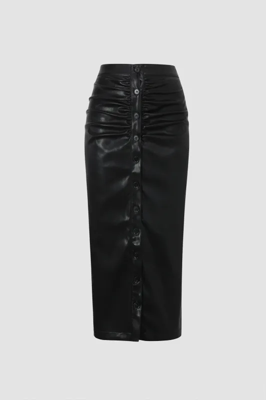 Faux Leather Gathered Buttoned Midi Skirt sold by Micas