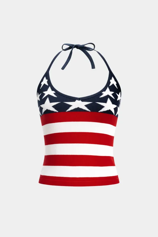 Knit Contrast Halter Neck Tie-Up Tank Top made by Micas